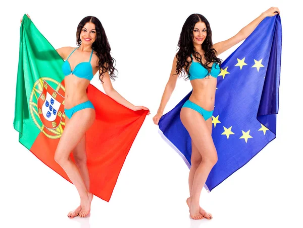 Collage - Dos mujeres morenas hermosas jóvenes sosteniendo bandera grande —  Fotos de Stock