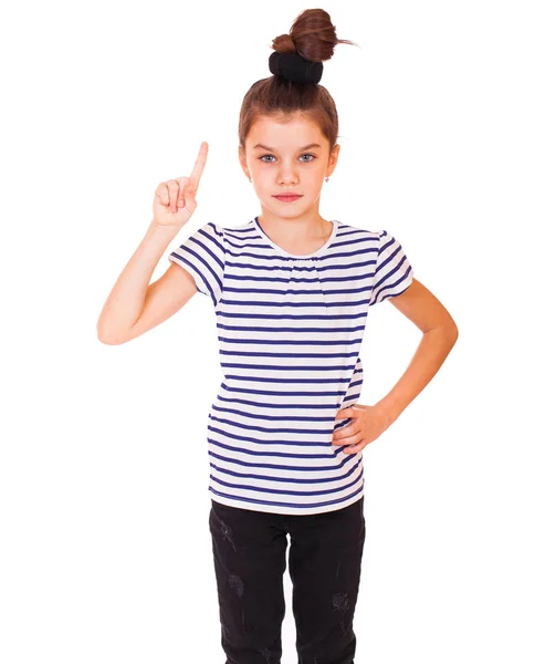 Seven-year-old Little girl shows one finger on her hand — Stock Photo, Image