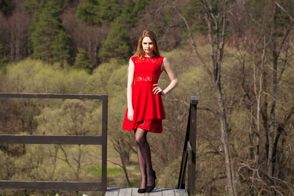 Young Blonde Woman Red Dress Spring Park — Stock Photo, Image