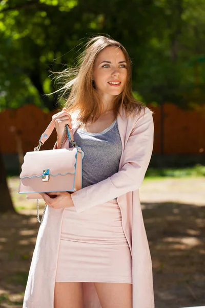 Street Fashion Closeup Portrait Happy Young Woman Pink Skirt Jacket — Stock Photo, Image