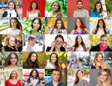 16 yaşın üstündeki genç ve mutlu insanların fotoğraflarının kolajı.