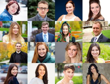 Collage of photos of young and real happy people over 16 years old clipart
