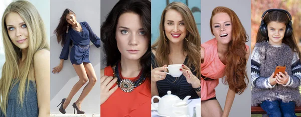 Collage glada unga kvinnor — Stockfoto