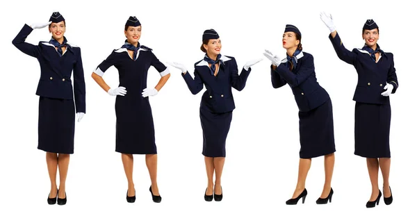 Junge schöne russische Stewardess in blauer Uniform — Stockfoto