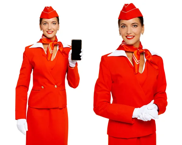 Collage two portrait of a young beautiful Russian stewardess — Stock Photo, Image