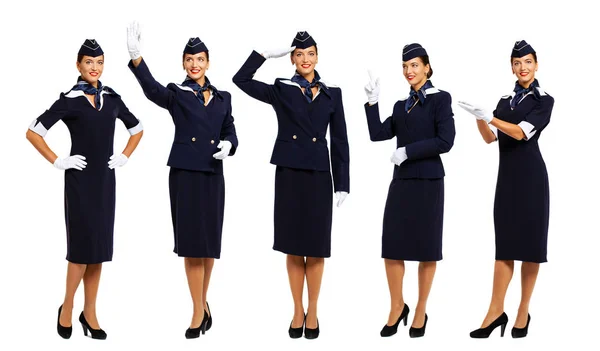 Junge schöne russische Stewardess in blauer Uniform — Stockfoto