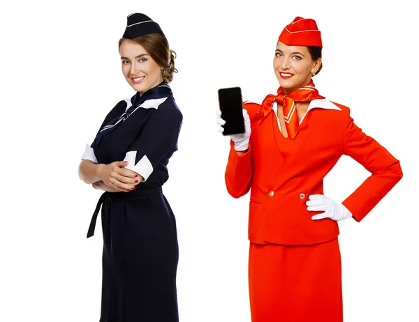 Collage twee portret van een jonge mooie Russische stewardess — Stockfoto