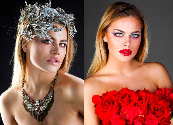 Collage due ritratti di moda di sensuali modelli biondi — Foto Stock