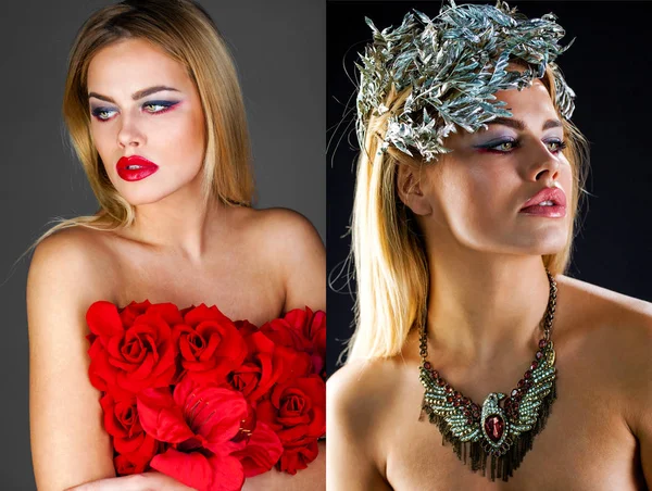 Colagem dois retratos de moda de modelos loiros sensuais — Fotografia de Stock