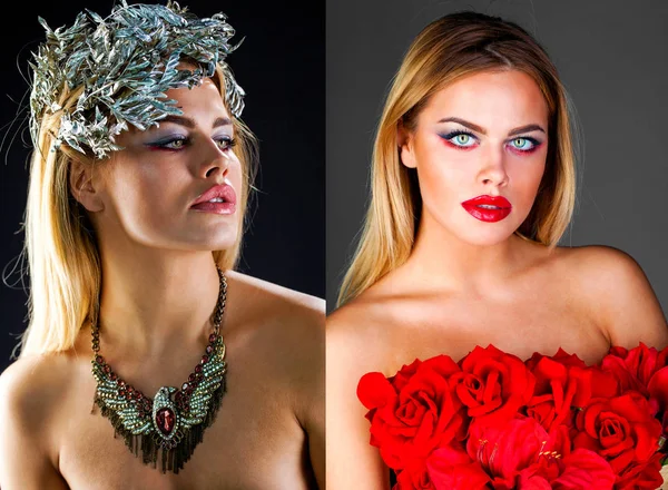 Collage dos retrato de moda de sensuales modelos rubias — Foto de Stock
