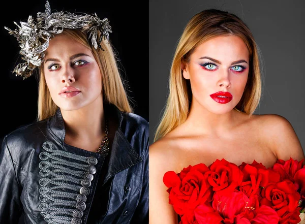 Collage dos retrato de moda de sensuales modelos rubias — Foto de Stock