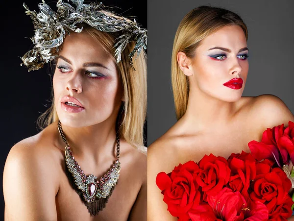 Colagem dois retratos de moda de modelos loiros sensuais — Fotografia de Stock