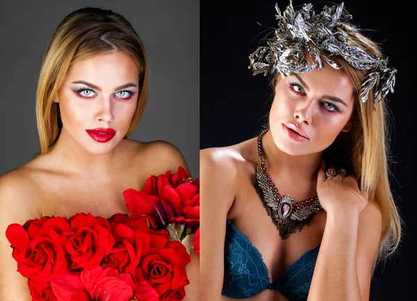 Collage två mode porträtt av sensuella blonda modeller — Stockfoto