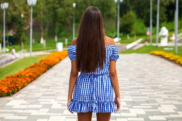 Zpět pohled na mladou brunetku, pěší túry v letním parku, venkovní — Stock fotografie