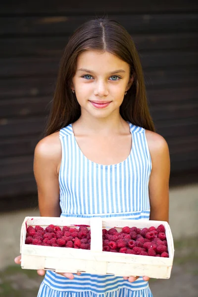 Beautiful little girl holding a box with a raspberry — Stock Photo, Image