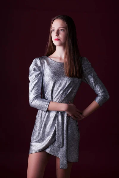 Junges schönes Model mit einem stilvollen silbernen Kleid — Stockfoto