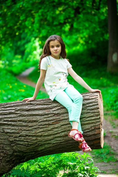 Ağaç gövdesi üzerinde küçük kız — Stok fotoğraf