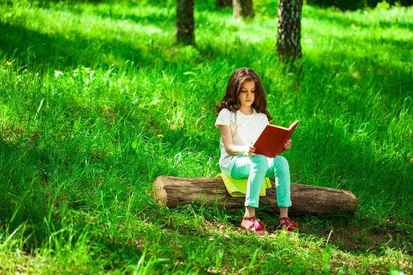 Γοητευτικό μικρό κορίτσι στο δάσος με το βιβλίο κάθεται στο κούτσουρο — Φωτογραφία Αρχείου