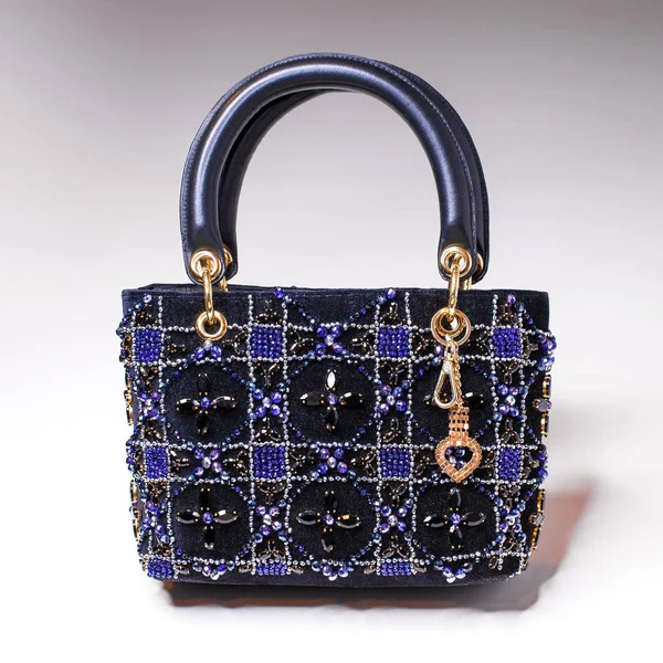 Designer blue ladies handbag in rhinestones