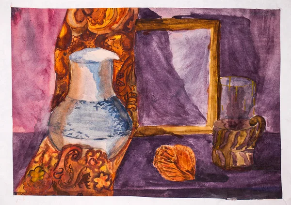 水彩画の静物画 – jug and mirror — ストック写真