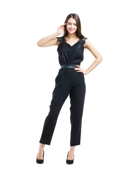 Full body, beautiful brunette woman in a black blouse and pants — Stock Photo, Image
