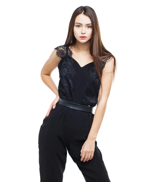 Full body, beautiful brunette woman in a black blouse and pants — Stock Photo, Image