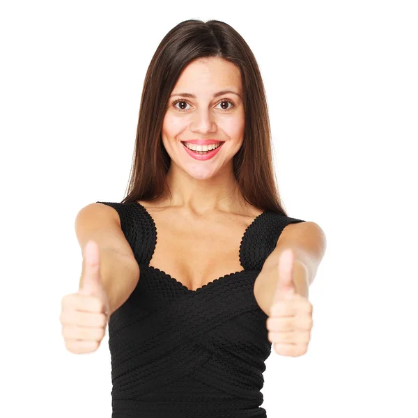 Beautiful brunette woman showing thumbs up — Stock Photo, Image