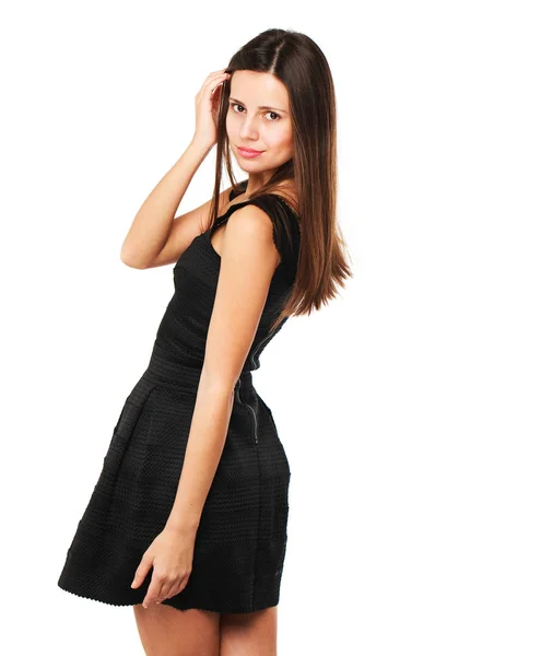 Beautiful brunette woman in black dress — Stock Photo, Image