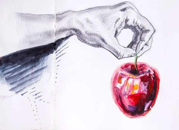 Черно-белая рука держит красное яблоко — стоковое фото