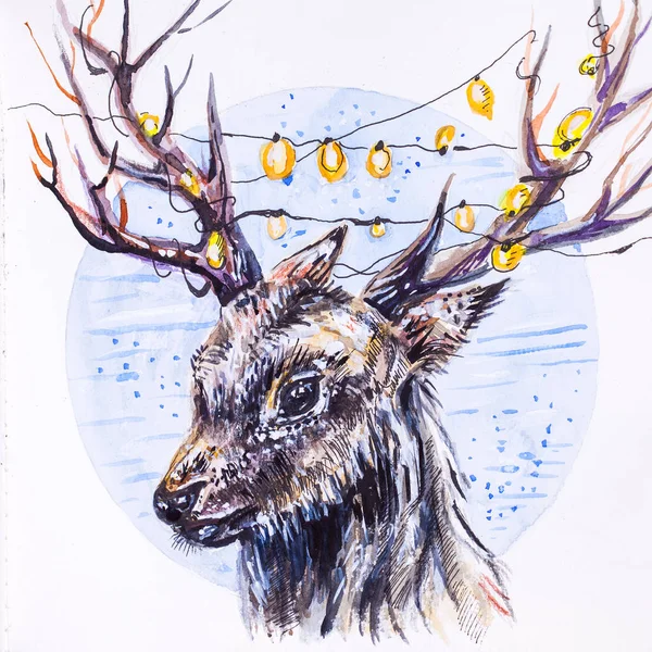 Christmas illustration deer with horns and garlands. — Stock Photo, Image