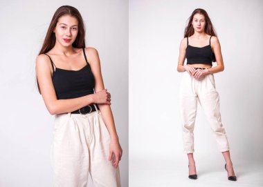 Genç ve güzel esmer modellerin kolajı.