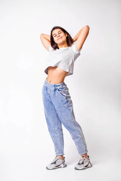 Bella ragazza in jeans blu — Foto Stock