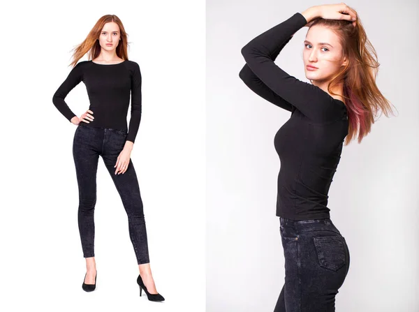 Mulher sexy bonita em jeans pretos — Fotografia de Stock