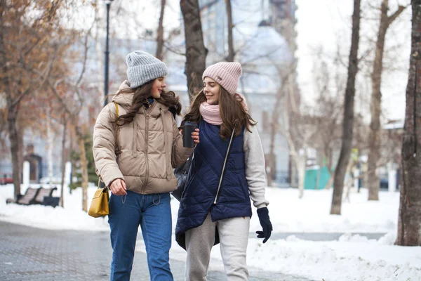 Ritratto ravvicinato di due ragazze che passeggiano in un parco invernale — Foto Stock