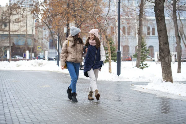 Ganzkörperporträt zweier junger Mädchen, die in einem Winterpark spazieren gehen — Stockfoto