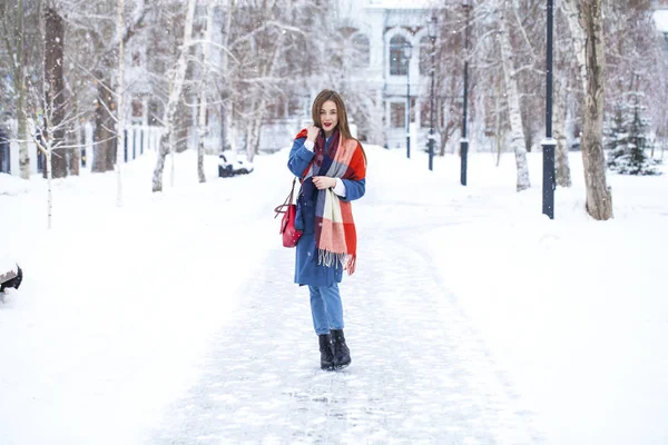 Retrato de una joven en vaqueros azules caminando en un parque de invierno — Foto de Stock