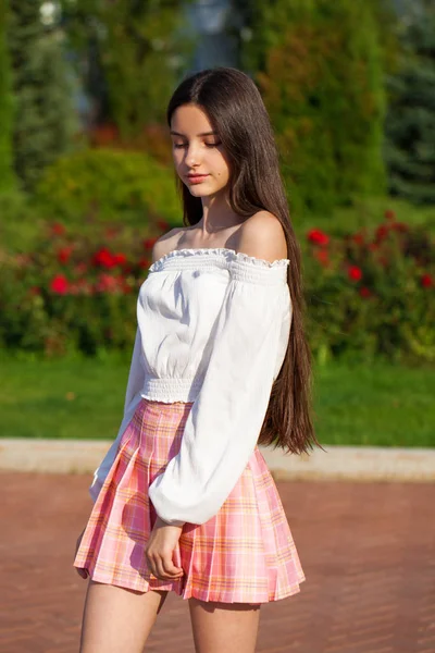 Pretty stylish brunette girl in plaid skirt and white blouse — Stock Photo, Image