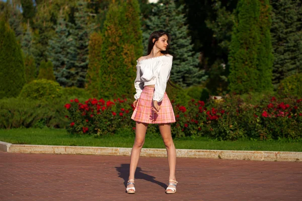 Chica morena bastante elegante en falda a cuadros y blusa blanca —  Fotos de Stock