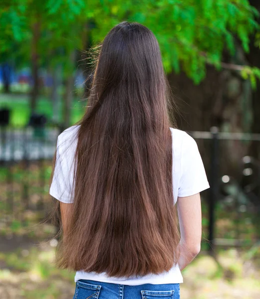 Cabelo feminino morena, vista traseira, parque de verão — Fotografia de Stock