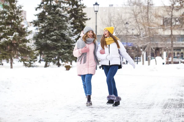 Полнометражный портрет двух молодых девушек, гуляющих в зимнем парке — стоковое фото