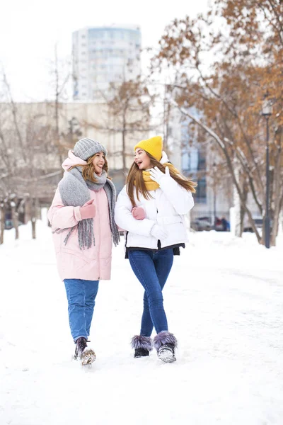Full-length portret van twee jonge meisjes wandelen in een winterpark — Stockfoto