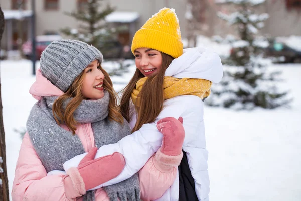 Twee gelukkige mooie vriendinnen wandelen in de winter in een stad par — Stockfoto