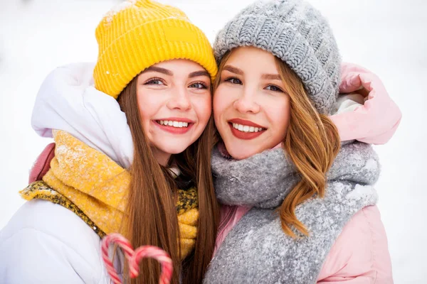 Twee gelukkige mooie vriendinnen wandelen in de winter in een stad par — Stockfoto