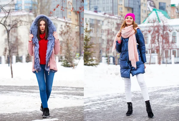 Collage zweier Frauen. Ganztägiges Porträt einer jungen schönen Frau — Stockfoto