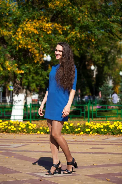 年轻的美丽的女人在深蓝色礼服走在夏天 — 图库照片