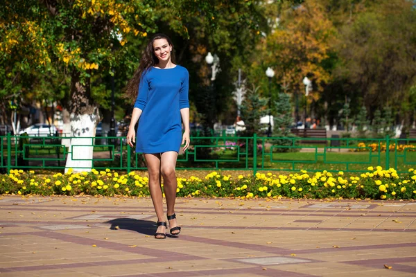 Junge schöne Frau in dunkelblauem Kleid, die auf dem Sommer spazieren geht — Stockfoto