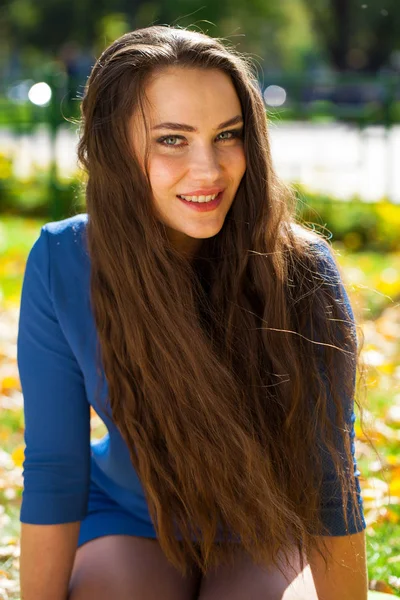 秋の公園で青いドレスを着た若い美しいブルネットの女性 — ストック写真