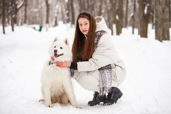 冬の公園を犬が歩く若い美しい女性 — ストック写真