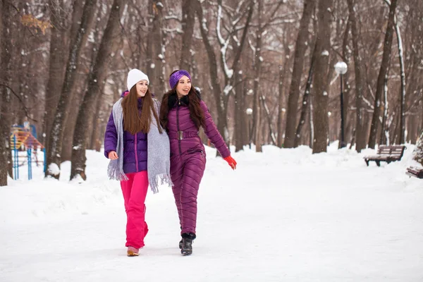 Twee gelukkige mooie vriendinnen wandelen in de winter in een stad par — Stockfoto