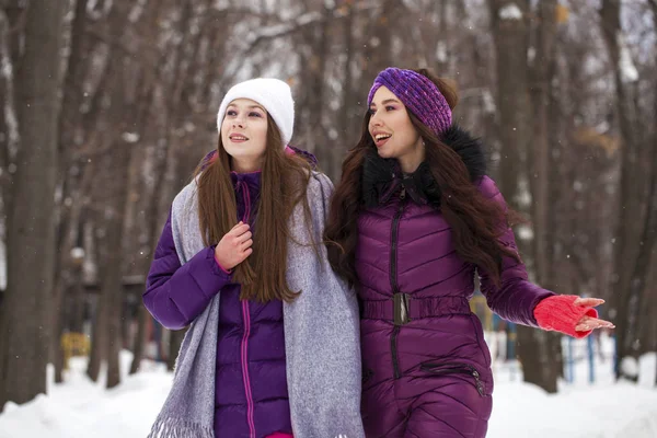 겨울 공원을 걷고 있는 두 소녀의 사진을 클로즈업 한 모습 — 스톡 사진